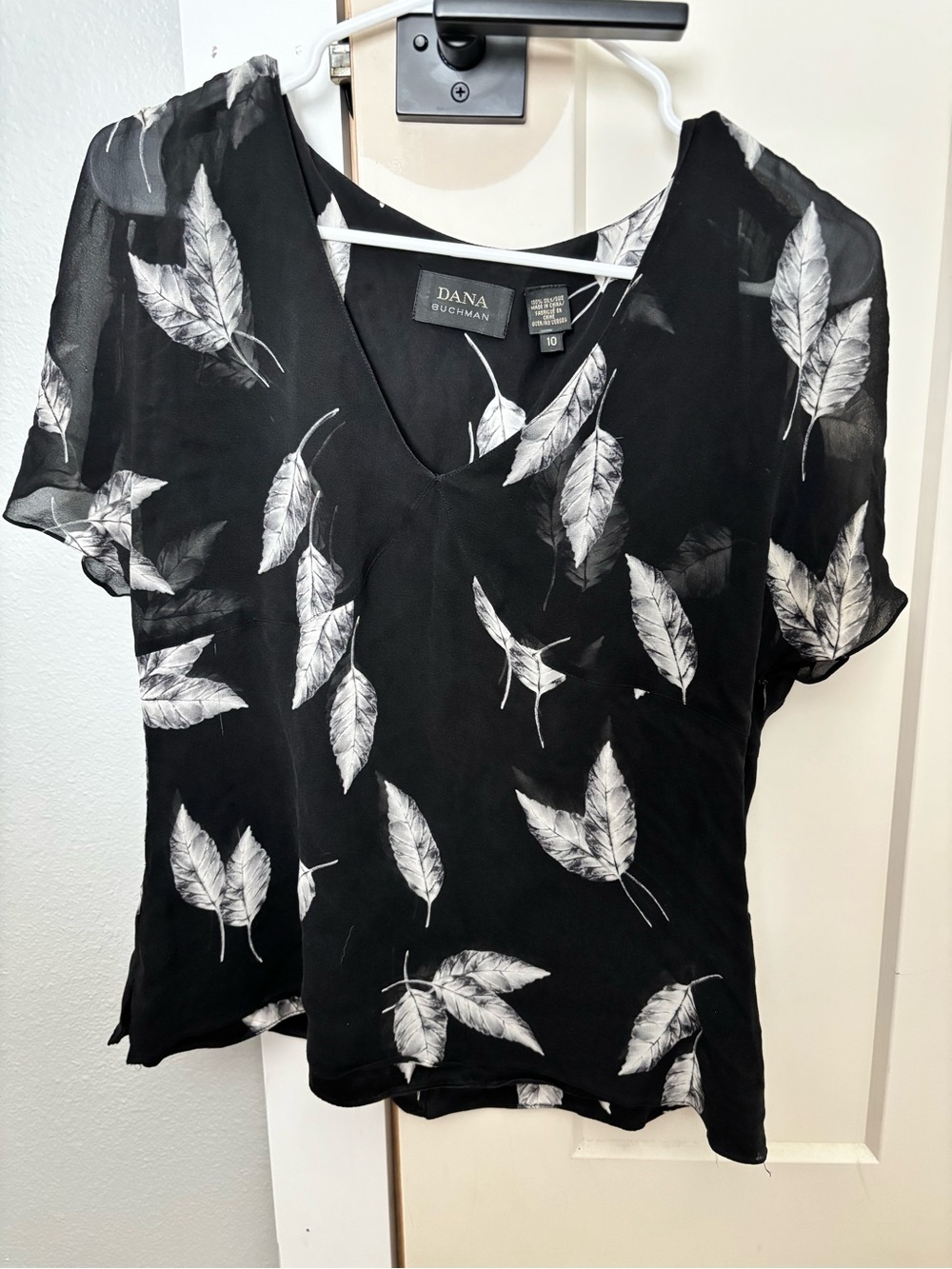 Dana Buchman Black Blouse with White Feather Print